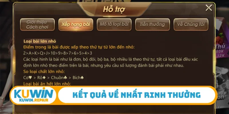Kết quả về nhất rinh thưởng